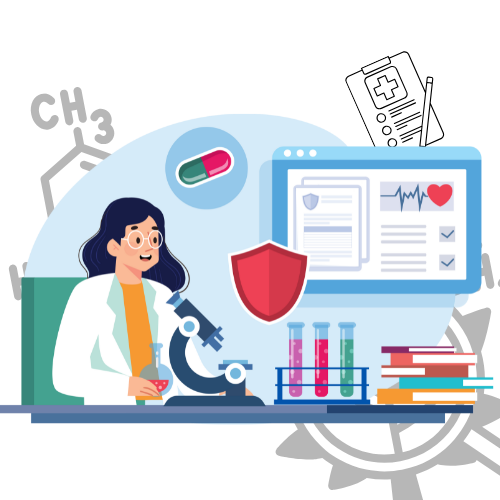 Pharmacovigilance services scientist reviewing drug safety data and adverse event reports