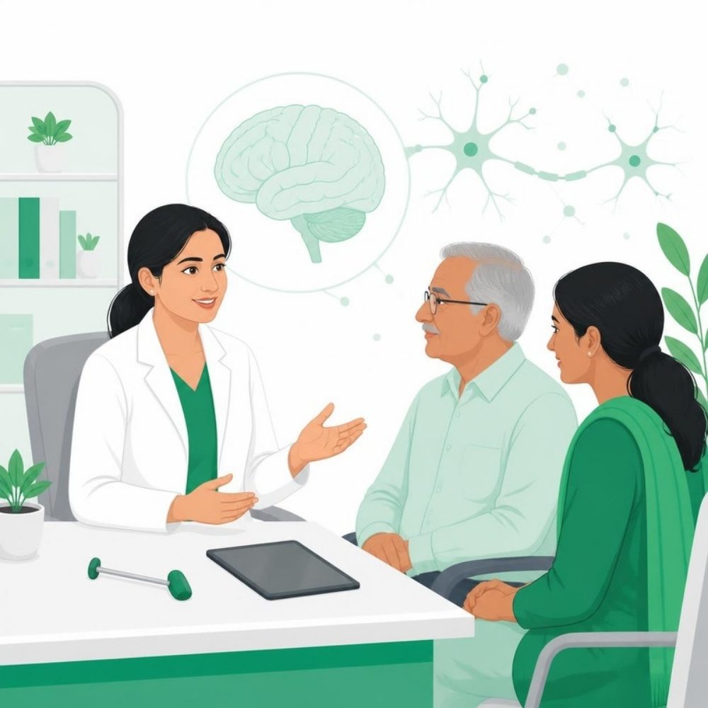 Neurology clinical trials in India: neurologist speaking with an older patient and family member